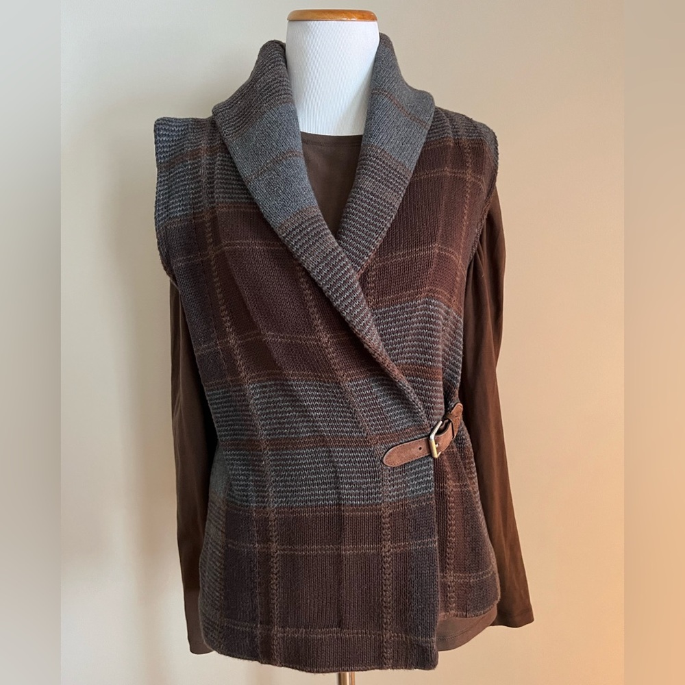 Lauren Ralph Lauren Brown & Gray Plaid Wrap Sweater Vest Size P/P